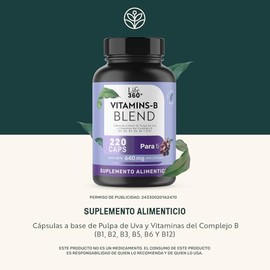 Life 360+ VITAMINS-B GRAPE | 220 cápsulas | Cápsulas a base de pulpa de uva y vitaminas del complejo B (B1, B2, B3, B5, B6 Y B12) | Suplemento Aliment