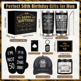 JTAMOHI 50th Birthday Gifts for Men - Unique Box with 20 Oz Tumbler, Scented Candle, Socks, Baseball Cap for Husband, Dad, Grandpa, Friends, Teachers, Boss