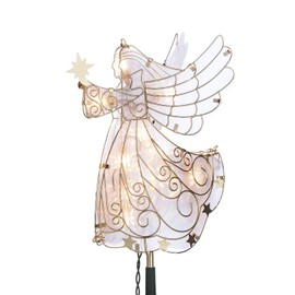 11 Inch Tall Stained Glass Look Gold Metal Lighted Angel Tree Topper