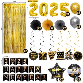 LOLStar New Years Eve Party Supplies 2025 Happy New Year Decorations 29pcs Decors Includes Banner Hanging Swirls 2025 Gold Balloons Paper fans Balloons, and Fringe Curtains Accessories for Kids Adults