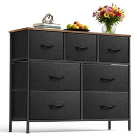 Sonharlar Dresser for Bedroom with 7 Drawers, Chest of Drawers, Storage Drawers Organizer Unit, Black Wide Fabric Dresser with Fabric Bins for Closet, Living Room, Entryway (Black and Rustic Brown)