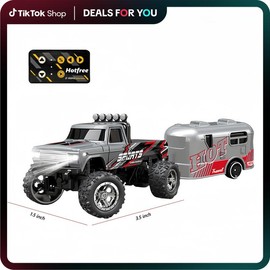 Hotfree 1/64 Mini RC Monster Truck, Metal Off-Road Stomper with Trailer, 2.4GHz Remote Control All-Terrain Vehicle, 3-Speed Adjustable, USB-C Rechargeable, Desktop Play, Indoor Outdoor Racing Toy, Fun Birthday Gift for Kids Boys:_B-7526