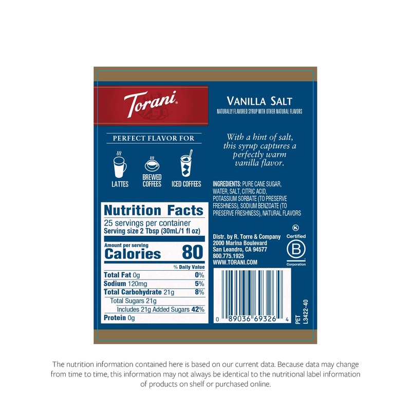 Torani Salted Vanilla Flavored Drink Syrup, 25.4 fl oz (Pack