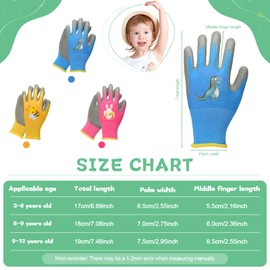 3Pairs Kids Gardening Gloves for Age 3-12, Non-Slip Rubber Coated Work Gloves for Boys Girls Children Toddlers Outdoor Activities Yard Garden Seeding Weeding Housework (Dinosaur+Bee+Rabbit, 9-12 age)