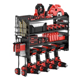 VeyFolzin.st Power Tool Organizer Wall Mount, Metal Power Tool Storage Rack with Screwdriver Holder, Garage Tool Storage Shelves with Screwdriver Holder Plier Holder (Black, 4 Drills Holder)