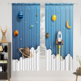 Renaiss 42 x 63 Inch Cartoon Space Blackout Curtains for Kid Boy Bedroom Study Game Room Rocket Planet Solar System Blue Linen Window Treatment Spacecraft Rod Pocket Window Drapes 2 Panels