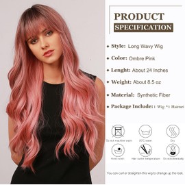 Esmee 24" Women Synthetic Wigs Long Wavy black Ombre pink with Fluffy Air Bangs Light Cosplay Party Wig
