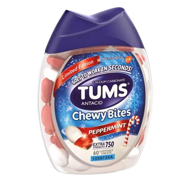 Tums Antacid Peppermint Chewy Bites, Limited Edition, 60 Chewable Tablets (Pack of 2)