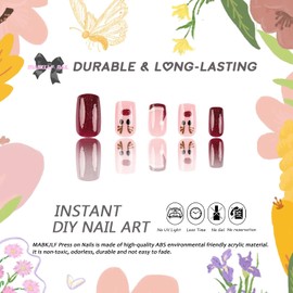 Christmas Press on Nails Medium Square MABKJLF Red French Tip Fake Nails False Nails with Designs Christmas Hat Deer Cute Glossy Glue on Nails Stick on Nails for Women Girls 24 Pcs