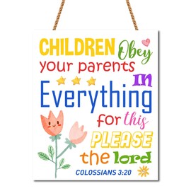 Gwisml Children Obey Your Parents Colossians 3:20 Wooden Hanging Decor,Christian Kids Scripture Wall Art,Sunday School Wall Decor,Inspirational Bible Verse Wooden Signs for Nursery Classroom