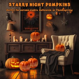 Thanksgiving Starry Night LED Pumpkin Lights, Decorative Timer Illuminated Resin Pumpkins with Sparkling Effect for Home Bedroom Hallway