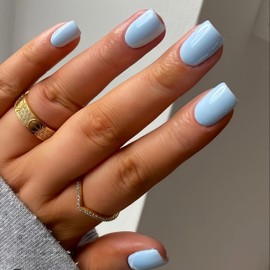 KQueenest 48 Pcs Acrylic Press on Nails Short Length, Press on Baby Blue Nails, Solid Color Small Fake Nails Set, Natural Gel Glue on Nails Short, Stick on Nails For Women Finger Decoration