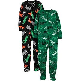 Simple Joys by Carter's Kids' Loose-fit Flame Resistant Fleece Footed Pajamas, Black Forest Animals/Dark Green Dinosaur, 8
