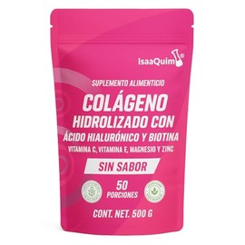 IsaaQuim Colágeno Hidrolizado con Ácido Hialurónico 500 g | 50 Porciones de 10 g | Con Biotina, Vitaminas C y E, Magnesio y Zinc | Sin Sabor | Apoya Piel, Cabello y Articulaciones