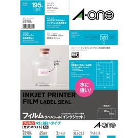 A-one Label Stickers, Water-Resistant Glossy Film, White, A4, 65 Sides, 3 Sheets, 28984