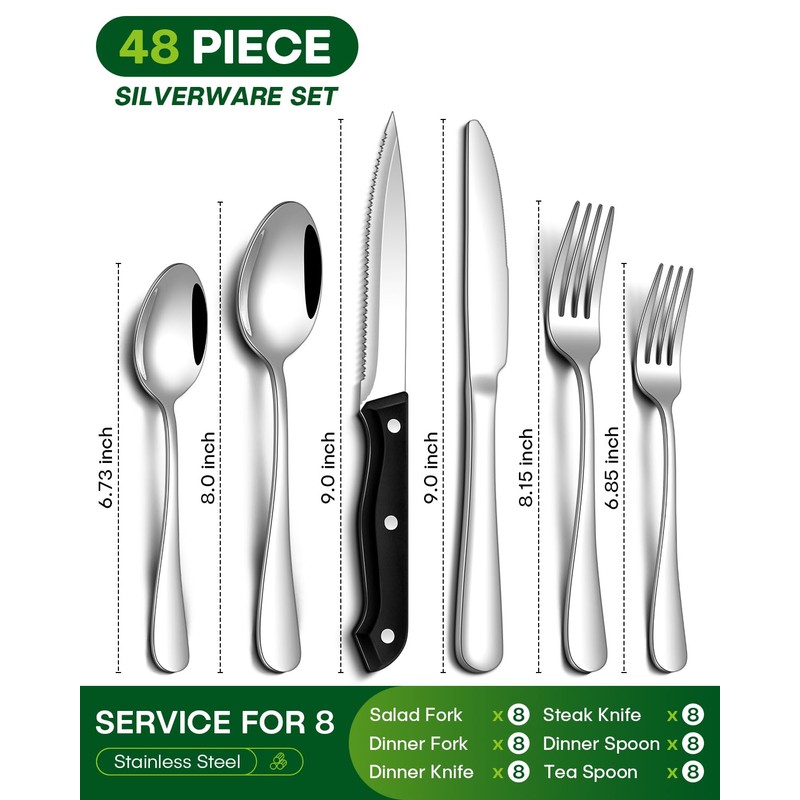 PHILIPALA Silverware Set, 48-Piece Flatware Set with Steak Knives for