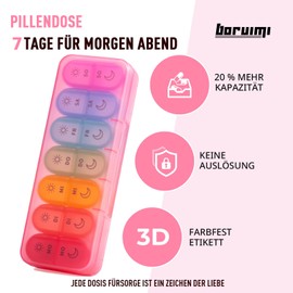 Doruimi Tablettenbox 7 Tage Morgens Abends, BPA Frei Pillendose Klein für Unterwegs， Medikamentenbox 7 Tage 2 fächer Große Fächer für Medikamente, Vitamine, Fischöl - Rosa