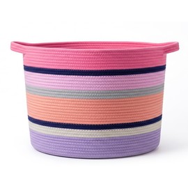 ROPECUBE Pink Large Blanket Basket with Handles, 55 L Woven Rope Toy Basket, Foldable Storage Bin for Blankets, Toys & Laundry, stuffy storage for Bedroom & Playroom&Living room (17.7"D * 13.8"H)
