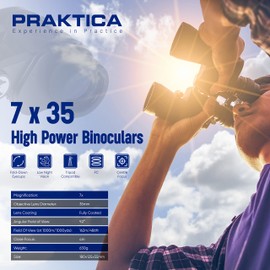 Praktica Falcon 7x35mm Porro Prism Field Black Binoculars - Compact, Fully Coated Lenses, Sturdy Construction, Aluminium Chassis, Sharp Clear Image, Bird Watching, Sailing, Hiking, Sightseeing