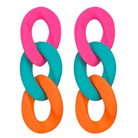 Chunky Acrylic Link Earrings - Multicolor Thick Oval Link Chain Rainbow Resin Geometric Chain Ear Drop Dangle Earrings for Women - Funky Jewelry (Pink Green Orange)