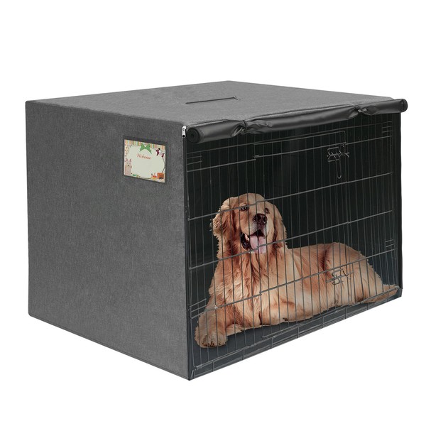 HiCaptain 48 inch Dog Crate Cover with Card Pocket, Durable Polyester Windproof Pet Kennel Cover Universal Fit for 1 or 2 Doors Standard Wire Crate (Grey)