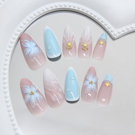 24Pcs Blue Summer Press on Nails Medium Almond Fake Nails with Gold Beads Starfish Glue on Nails 3D Flower Acrylic Nails Ocean Beach False Nails French Tip Stick on Nails for Women Nail Art Designs