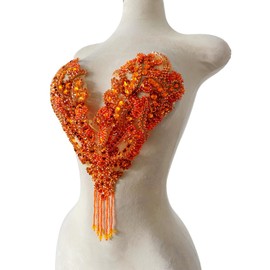 Pure Handmade Rhinestone Fringe Patch Trim Crystal Beaded Applique for Sewing Crafts Wedding Party Decoration Bridal Dress Accessories 14.5X14inches (Orange)