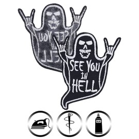 Rocker Sew-On "See You in Hell" Iron-On Patch Skull Heavy Metal Patch for Sewing/Ironing Jeans Patch Biker Iron-On Patch Applique for All Fabrics 80 x 90 mm
