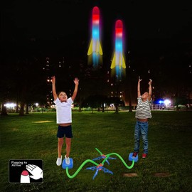 Cohetes de Juguetes,Rocket Air Launch,Juguete Lanzacohetes de Pie,Paquete de 1 Lanzadores de Pisoteo y 6 Cohetes de Espuma Luces Coloridos,Divertido Juego al Aire Libre,Regalo Ideal de cumpleaños.