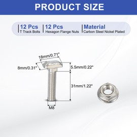 PATIKIL M8 x 33 mm T-Slot Bolts, 12 Sets Drop-in Bolt Hammer Head with Hexagon Flange Nuts T-Bolt Stud Sliding Screw for 40 Series Aluminum Extrusion Profile, Silver