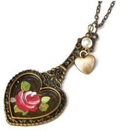 Antiqued Gold Plated Long Vintage Style Victorian Boho Romantic Hand Painted Pink Rose Heart Pendant Necklace with Dangling Lustrous Crystal Pearl Retro Jewelry for Women Teen Girls