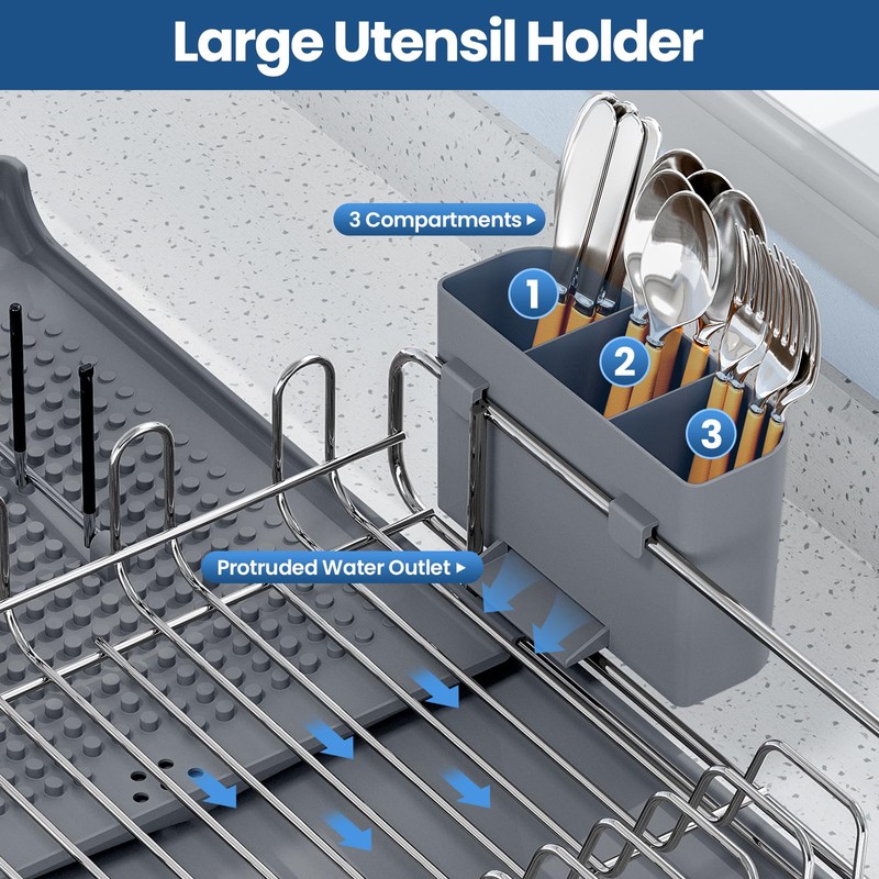 NTD Expandable Dish Drying Rack for Kitchen Counter, 16.7"-26.8", Gray