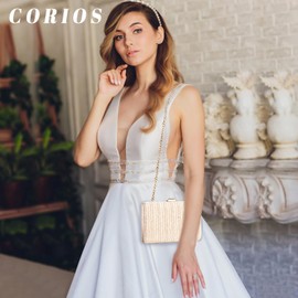 CORIOS Straw Evening Bag for Women Handwoven Clutch Bag Bridal Wedding Purse Ladies Handbag with Detachable Chain Elegant Shoulder Bag Crossbody Bag White