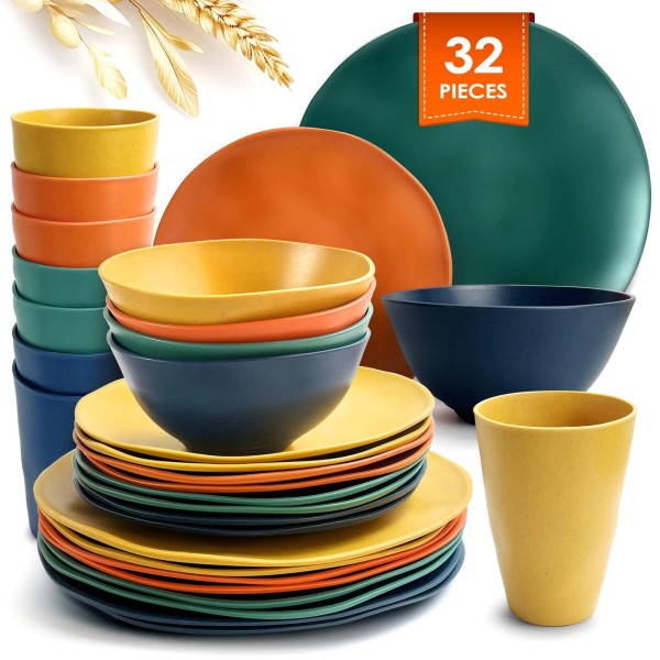 Teivio 32-Piece Kitchen Plastic Wheat Straw Dinnerware Set, Service for
