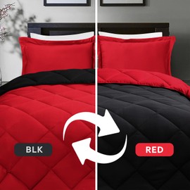 HIG 3pc Red Queen Size Comforter Set-All Season Reversible Down Alternative Comforter with Two Shams -Quilted Duvet Insert with Corner Tabs - Diamond Stitched Blanket - Breathable, Soft, Fluffy