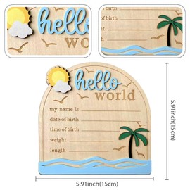 Baby Announcement Sign, ​5.9 Inch Wooden Hello World Newborn Signs, Birth Announcement Sign, Tropical Ocean Waves Decoration, Welcome Newborn Arrival to World, Hospital Nursery for Baby (Blue)