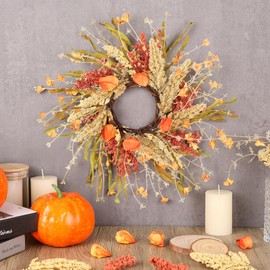 6 Pcs 9 inch Fall Wreaths Thanksgiving Artificial Wreaths Autumn Hanging Wreath for Cabinets Farmhouse with Ribbon for Front Door Porch Wall Window Decoration