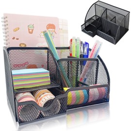 Organizador de Malla de Oficina, MCSWSEE Multifuncional Organizador de Escritorio de Oficina de Malla con 6 Compartimentos y Cajón, Organizador de Metal para Escritorio, Portalápices de Rejilla