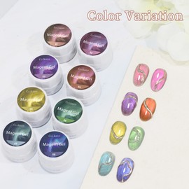 Coikaze Magnetic Nail Gel, 9D Magnetic Gel, Gel Nails, Cat Eye, Galaxy, Magnetic Nails, Set of 8 Colors, Magnet and Brush, UV and LED Compatible