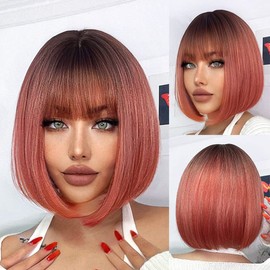 MUPUL Ombre Purple Wig Short Body Wavy Bob Wigs for Women With Bangs Shoulder Length Synthetic Cosplay Party Wig for Girls Daily Use Colorful Wigs (Ombre Pink Bob)