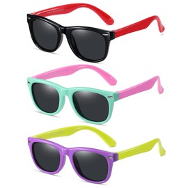 DYLB Kids Polarized Sunglasses for girls boys 3 Pack, Flexible TPEE Rubber Frame for Children Age 3-9 (Black Red+ Green Pink+Purple Yellow)
