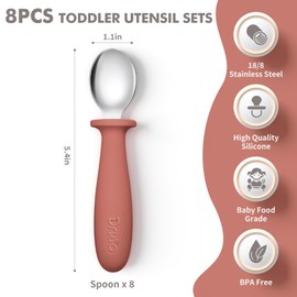 DRKIO 8 PCS Toddler Spoons Set - Baby Spoons with Silicone Handle Children safe 18/8 Stainless Steel Toddler Utensils Set for Self Feeding Kids Silverware Anti-Choke Design Food Grade Dishwasher Safe