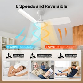 Consciot 44 inch Low Profile Ceiling Fans with Light and Remote, Modern Ceiling Fan, Downrod Mount, Reversible Quiet DC Motor, 6 Speed, 3 Color & Dimmable, White Ceiling Fan For Indoor Outdoor