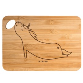 Mr. & Mrs. Panda Bambus - Schneidebrett Einhorn Yoga - Geschenk, Namaste, Holz Bretter, Einhörner, süß, Holzbrettchen, Unicorn, Holzbrett mit Gravur,