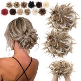 FeidyLong 2PCS Messy Bun Hair Piece - Large Elastic Wavy Curly Hair Bun Scrunchies Ponytail Extensions Synthetic Chignon Thick Updo Hairpieces for Women 2.12oz each(Ginger Blonde Mix Bleach Blonde)