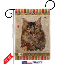 Breeze Decor Cat Maine Coon Happiness Burlap Garden Flag Animals Kitten Meow Spoiled Paw Fur Pet Nature Farm Animal Creature Small Decorative Gift Yard House Banner Double-Sided Made in USA 13 X 18.5