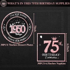 algpty 60 PCS Vintage 75th Birthday Plates and Napkins Set, 75th Birthday Decorations Rose Gold, Service for 30, 1950 Birthday Dessert Plates and Napkins Party Supplies for Women