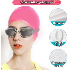 MARIA D Gorros de Natación,Gorro de Natación de Impermeable Silicona con Tapones para los Oídos,Clip de Nariz,para Mujeres y Hombre,Jóvenes,Adolescentes.(Blanco+Rosa)