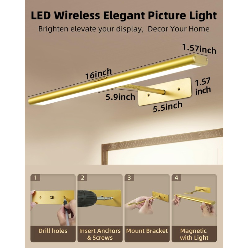 EZVALO Picture Light for Wall, 4800mAh Rechargeable Wireless Remote, 16in