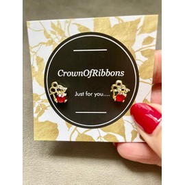 Gold Mouse Stud Earrings with Red Crystal, Cute Animal Jewellery, Dainty